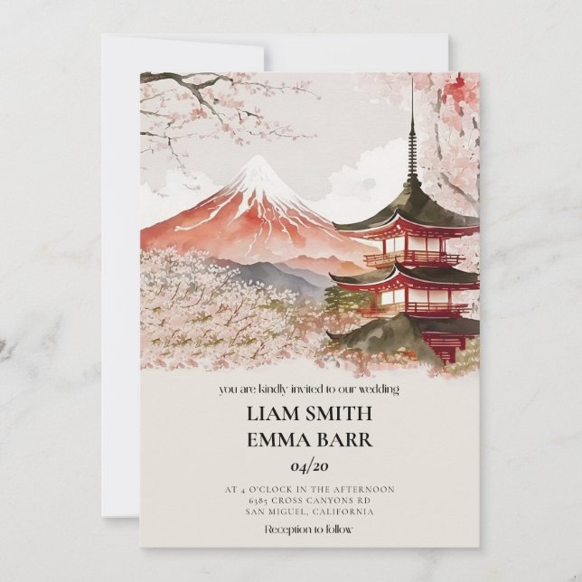 Invitación de boda de flor de cerezo Sakura japone (Anverso)