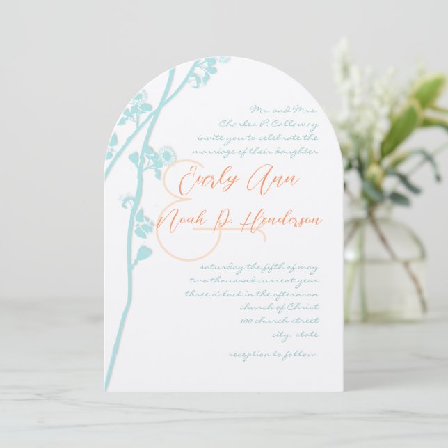 Invitación de boda de flor de coral azul acuario (Anverso de pie)