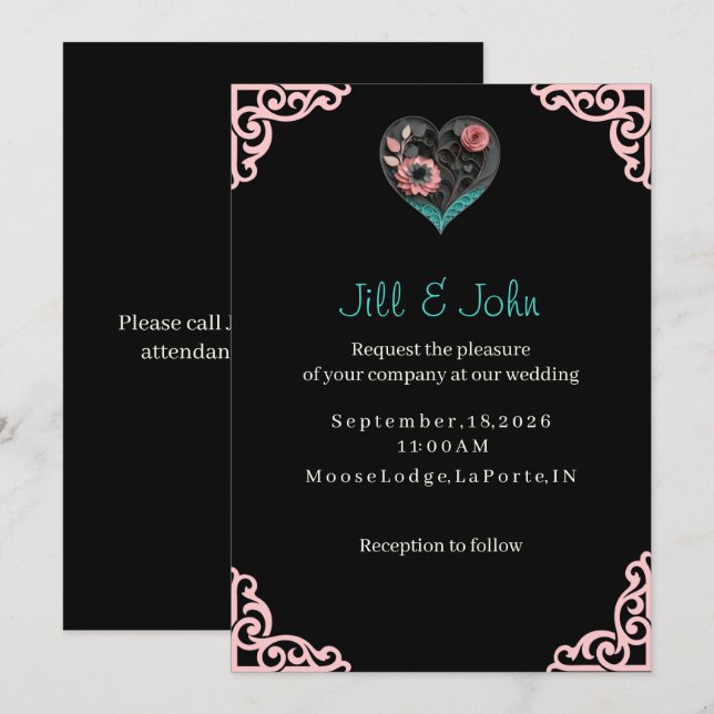 Invitación de Boda de Flor de Corazón Elegante (Anverso / Reverso)