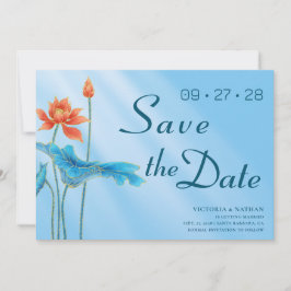 Invitación de boda de Flor de Loto Floral Azul par