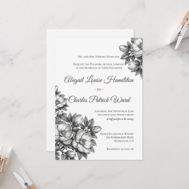Invitación de Boda de Flor de Magnolia Elegante (Anverso/Reverso In Situ)