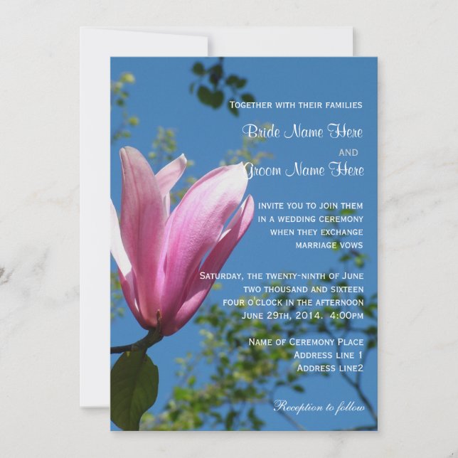 Invitación de boda de flor de magnolia rosa (Anverso)