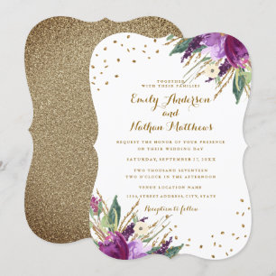 Invitación de boda de flor de oro púrpura acuarela