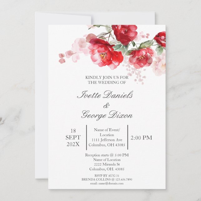 invitación de boda de flor roja (Anverso)