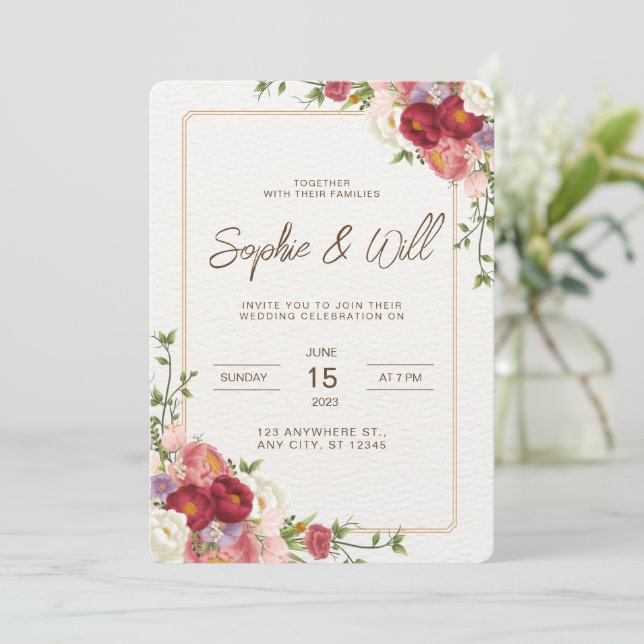 Invitación de boda de flor roja oscura elegante (Anverso de pie)