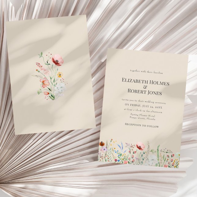 Invitación de Boda de Flor Silvestre de Acuarela e (Taupe Watercolor Wildflower Wedding Invitation on a sunny neutral dry palm leaf.)