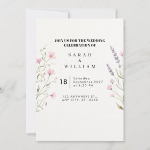 Invitación de boda de flor silvestre rosa lavanda