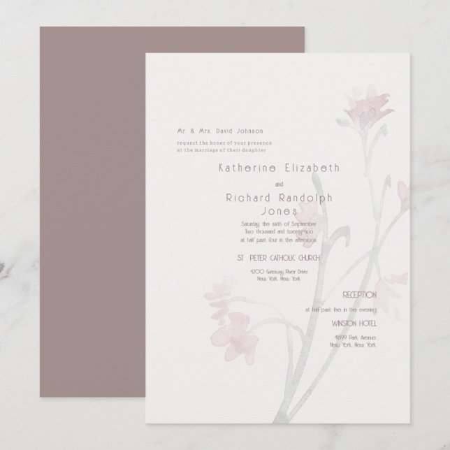 Invitación de boda de flor silvestre rosa polvorie (Anverso / Reverso)