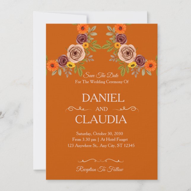 Invitación de boda de Floral Otoño Naranja Quemada (Anverso)