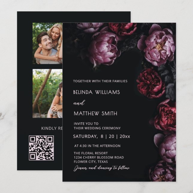 Invitación de boda de flores 3D Dark Moody (Anverso / Reverso)