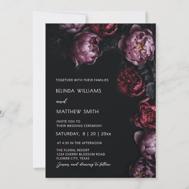 Invitación de Boda de Flores 3D Oscuras y Melancól (Anverso)