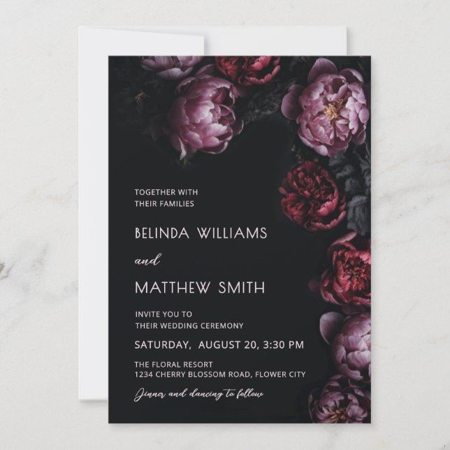 Invitación de Boda de Flores 3D Oscuras y Melancól (Anverso)