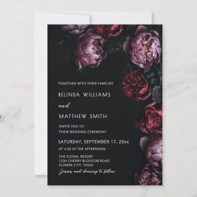 Invitación de Boda de Flores 3D Oscuras y Melancól (Anverso)