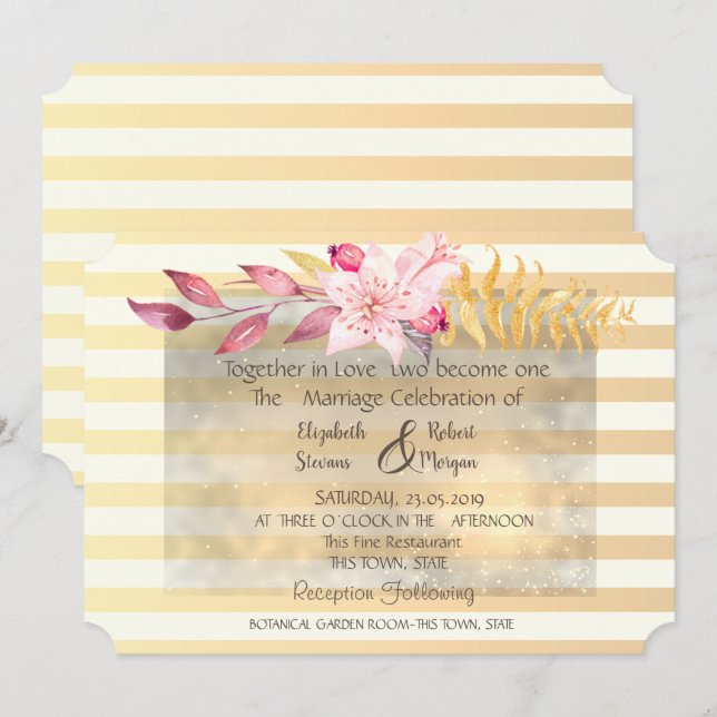 Invitación de boda de flores a rayas chic modernas (Anverso / Reverso)