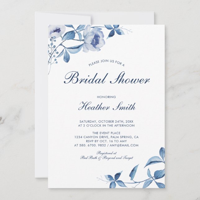 Invitación de boda de flores acuarela azul para fi (Anverso)