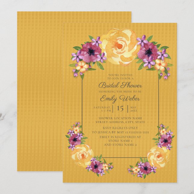 Invitación de boda de flores amarillas mostaza y p (Anverso / Reverso)