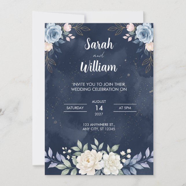 Invitación de boda de flores azules celestiales no (Anverso)