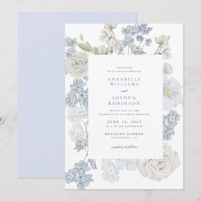 Invitación de boda de flores azules francesas (Anverso / Reverso)