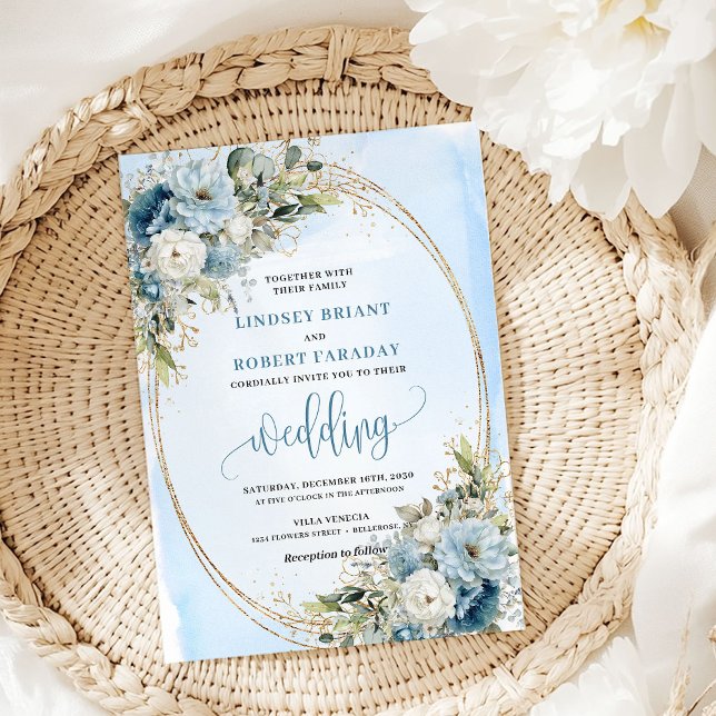 Invitación de boda de flores azules pastel acuarel (Watercolor Pastel Blue Flowers Gold Wedding Invite)