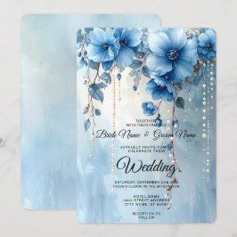 Invitación de boda de flores azules y perlas
