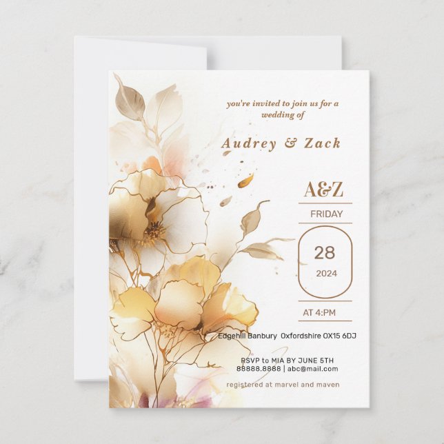 Invitación de BODA de flores blancas doradas (Anverso)