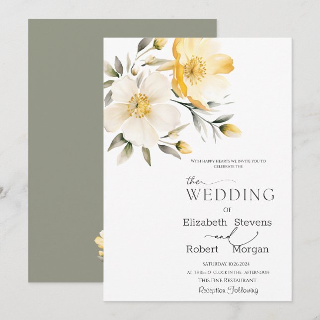 Invitación de boda de flores blancas y amarillas a (Anverso / Reverso)