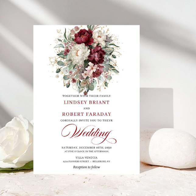 Invitación de boda de flores blancas y Borgoña bot (Botanical Burgundy and White Flowers Wedding Invite)