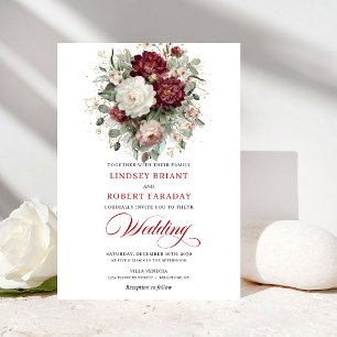 Invitación de boda de flores blancas y borgoña mod