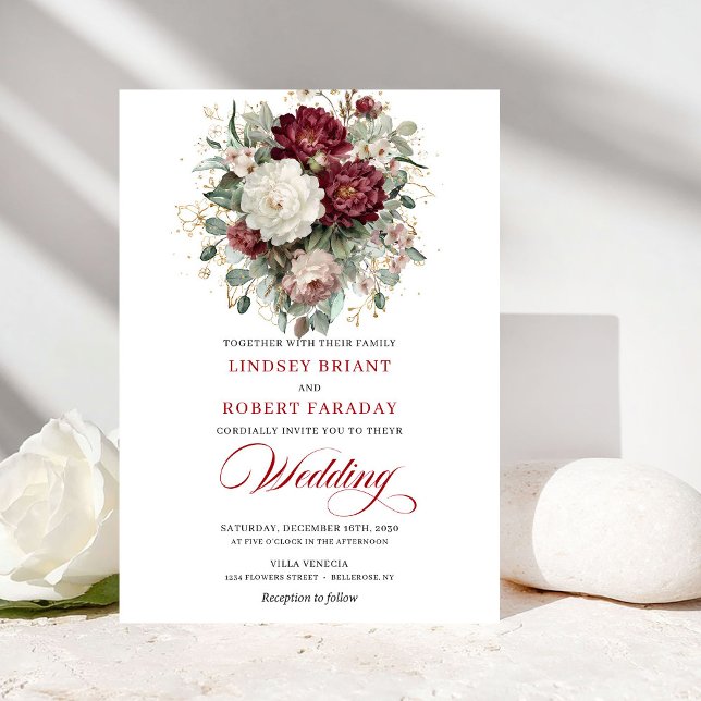 Invitación de boda de flores blancas y borgoña mod (Modern Burgundy and White Flowers Wedding Invitation)