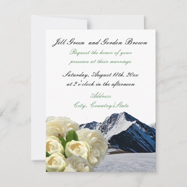Invitación de boda de flores blancas y montañas (Anverso)