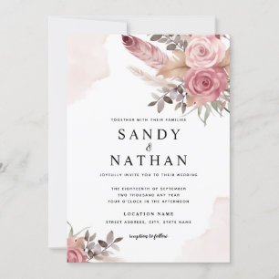Invitación de boda de flores boho rosa polvorienta