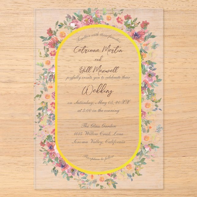 Invitación de boda de flores botánicas de acrílico (Anverso)