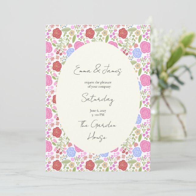 Invitación de boda de flores caprichosas (Anverso de pie)