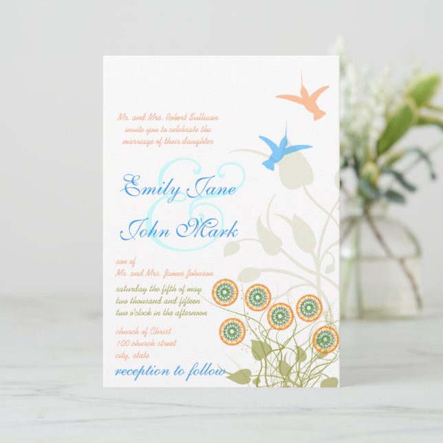 Invitación de boda de flores caprichosas y colibrí (Anverso de pie)