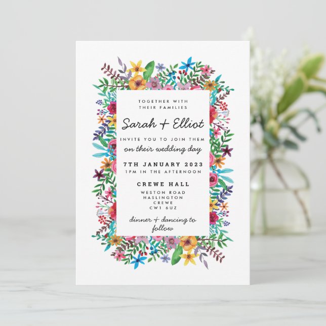 Invitación de boda de flores coloridas (Anverso de pie)