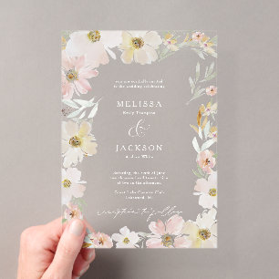 Invitación de boda de flores de acuarela crema y r