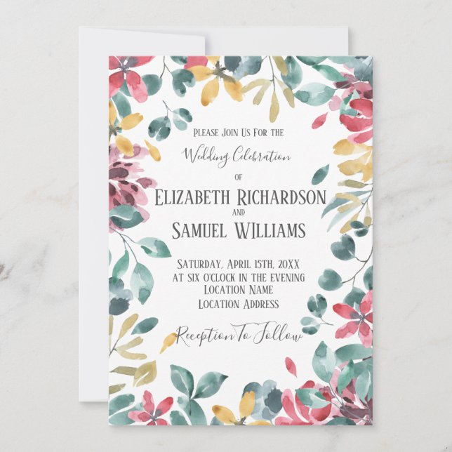 Invitación de boda de flores de acuarela de otoño (Anverso)