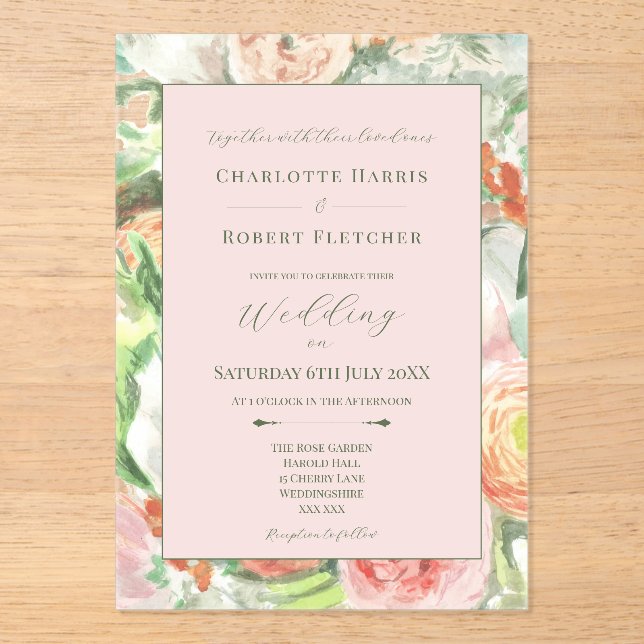 Invitación de boda de flores de acuarela pastel (Anverso)