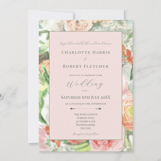 Invitación de boda de flores de acuarela pastel (Anverso)