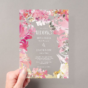 Invitación de boda de flores de acuarela rosa y ru