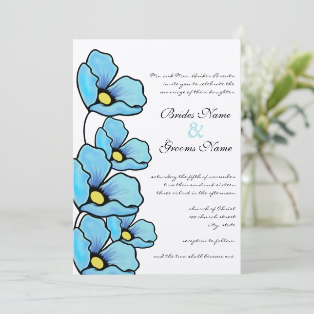 Invitación de boda de flores de amapola azul acuát (Anverso de pie)