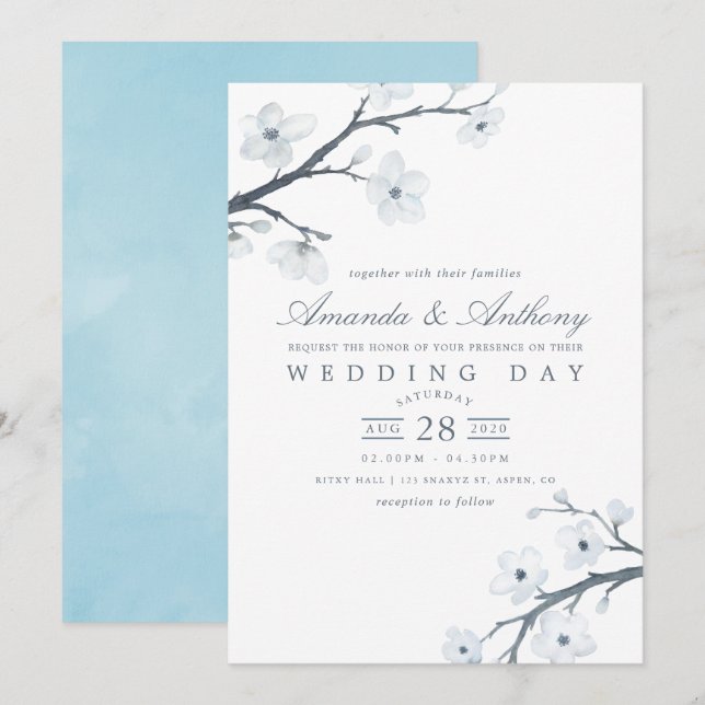 Invitación de boda de flores de cerezo blancas (Anverso / Reverso)