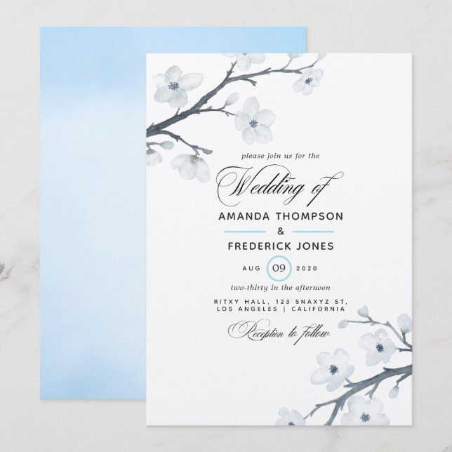 Invitación de boda de flores de cerezo blancas (Anverso / Reverso)