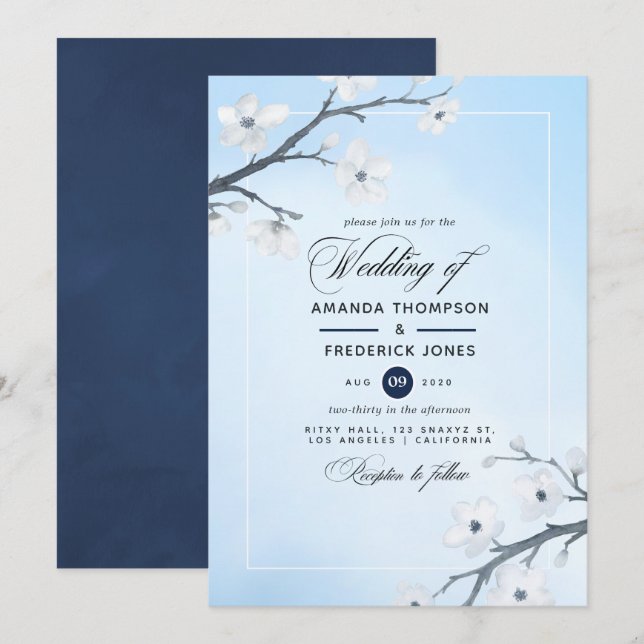 Invitación de boda de flores de cerezo blancas (Anverso / Reverso)