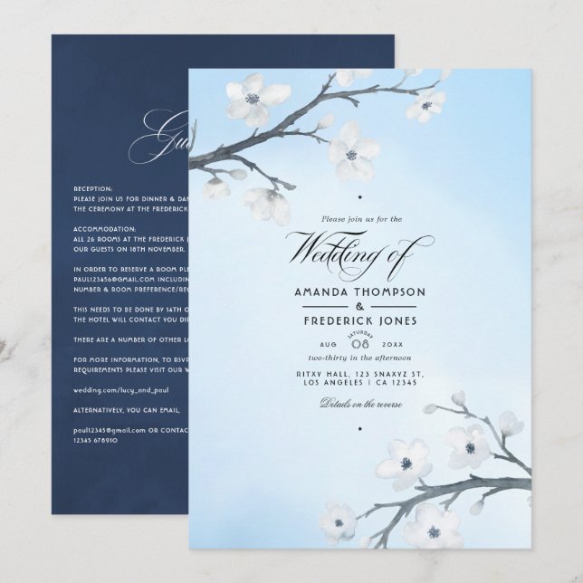 Invitación de boda de flores de cerezo blancas (Anverso / Reverso)