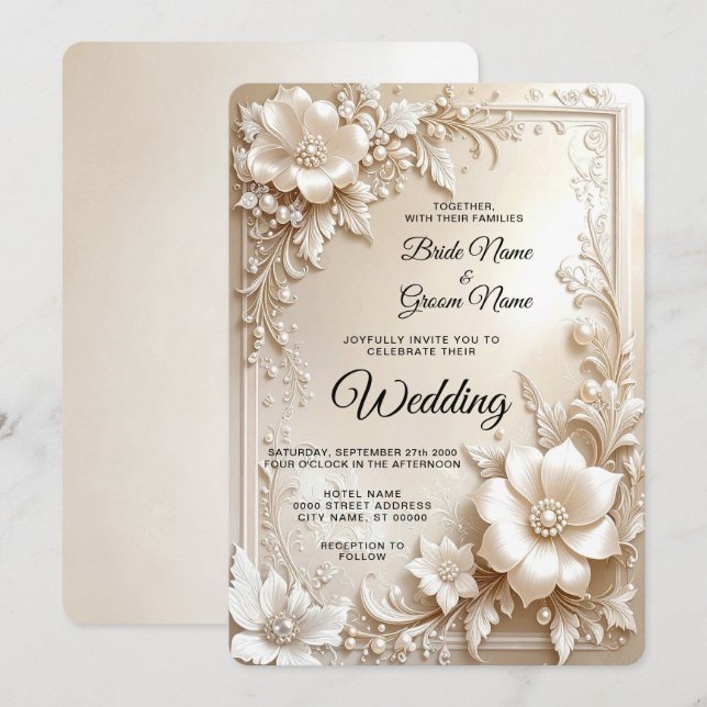 Invitación de boda de flores de marfil (Anverso / Reverso)