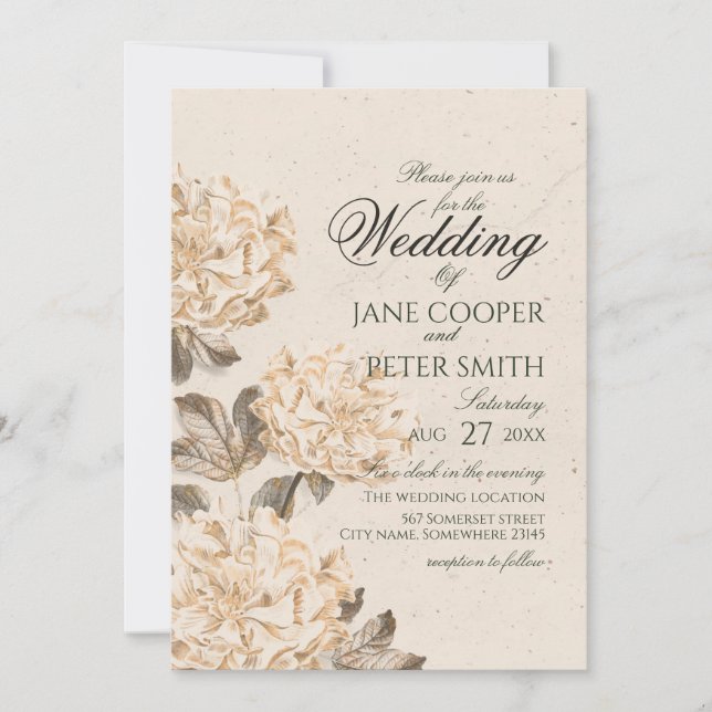 Invitación de boda de flores doradas (Anverso)