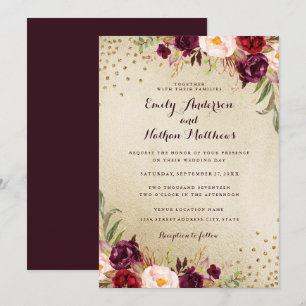 Invitación de boda de flores doradas y borgoña con