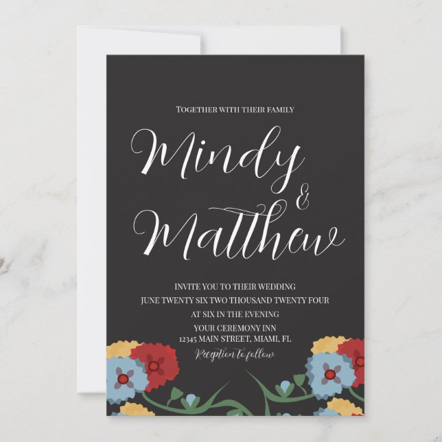 Invitación de boda de flores folklóricas médicas (Anverso)