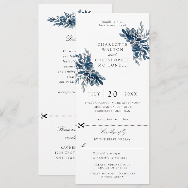 invitación de boda de flores índigo con rsvp adjun (Anverso / Reverso)